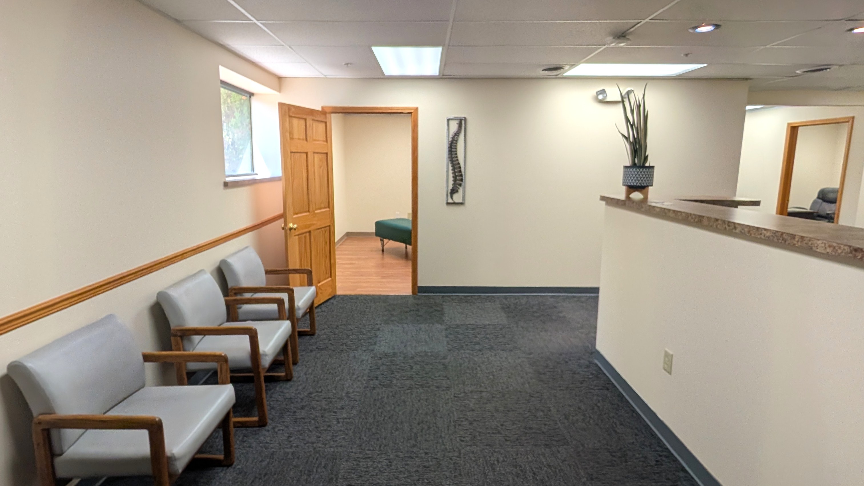 An image of our Blasdell location is shown with office chairs and a welcoming environment. A plant and a spine are located on the desk and wall.